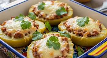 Primer plano de cuatro mitades de chayote rellenas, cubiertas con queso derretido y cilantro fresco, servidas en una fuente de cerámica.