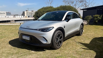 Automóvil de color gris plata estacionado sobre césped, con patente argentina, arbustos y edificios al fondo bajo un cielo despejado