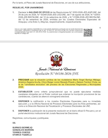 Documento oficial de una resolución del Jurado Nacional de Elecciones de Perú con un fragmento del texto resaltado en amarillo
