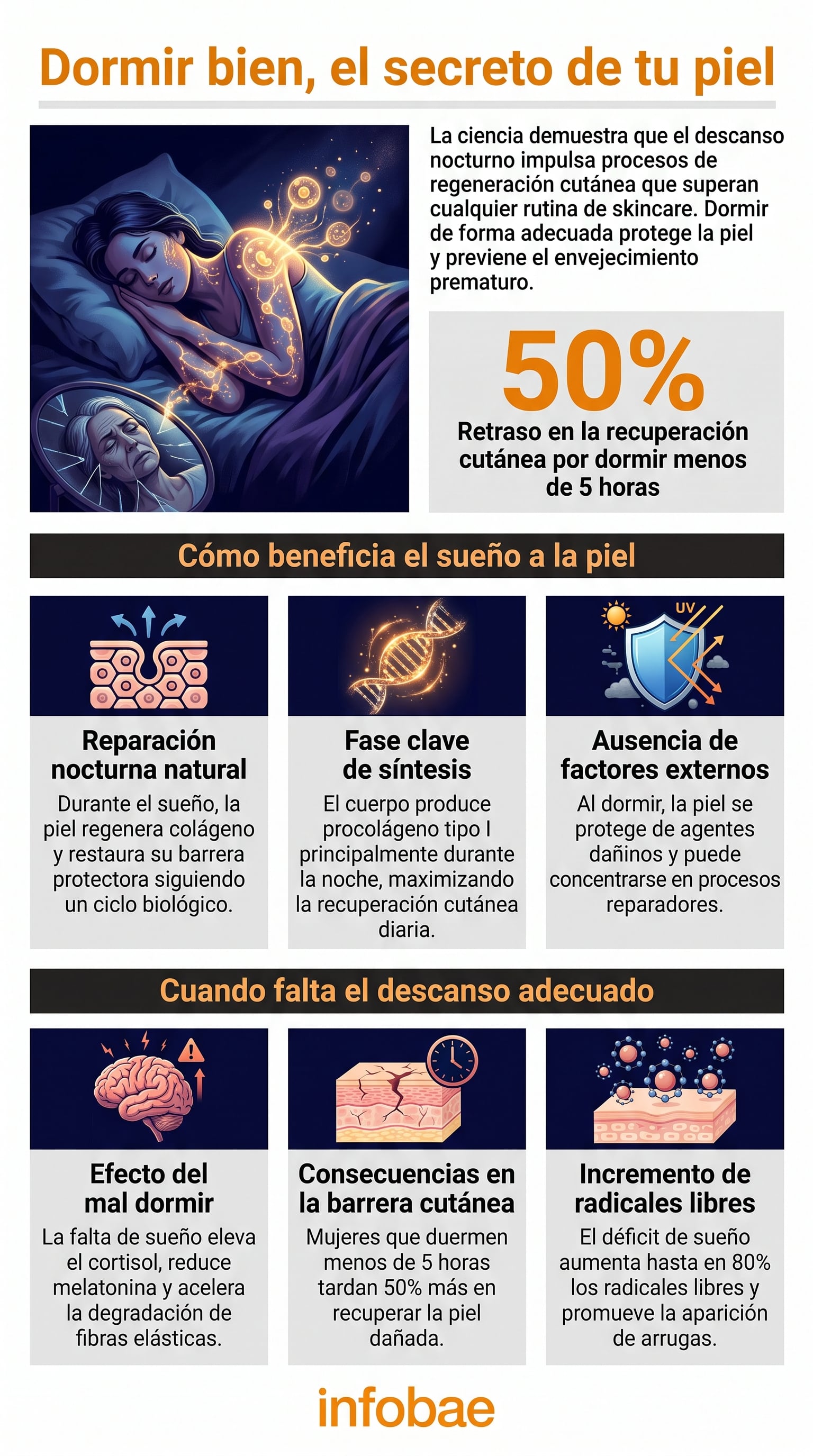 La síntesis de colágeno sigue un ciclo circadiano con picos que se concentran en horas de descanso. (Imagen Ilustrativa Infobae)