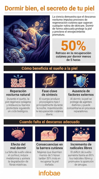 Dormir entre 7 y 9 horas con ciclos regulares se asocia a mejor hidratación y regeneración de la piel.La calidad del sueño tiene más impacto que la cantidad de productos aplicados