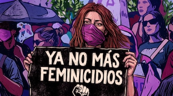 Ilustración de una mujer con mascarilla morada que sostiene una pancarta negra con la frase 'YA NO MÁS FEMINICIDIOS' ante una multitud.