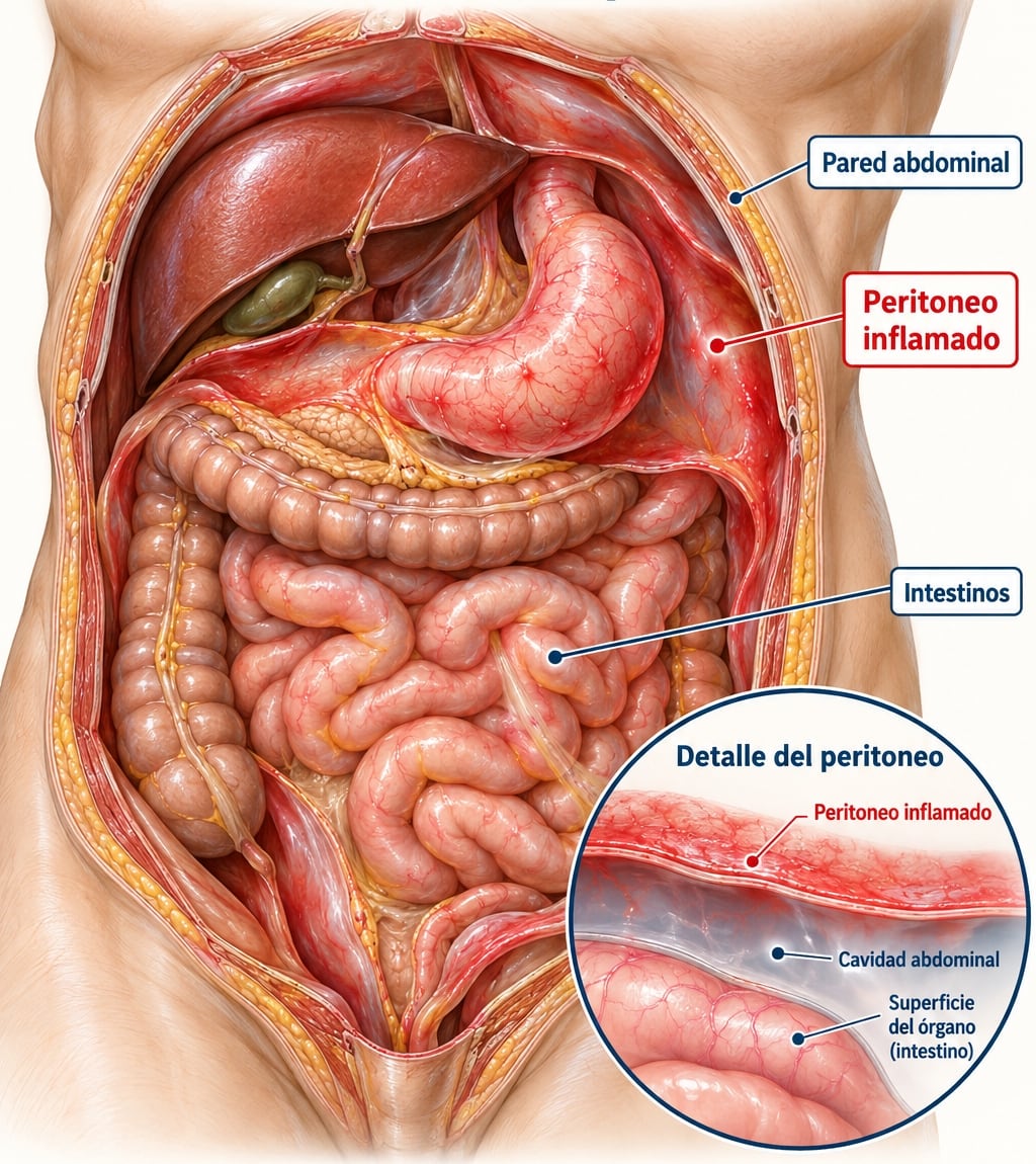 Una ilustración médica detalla las zonas afectadas por la peritonitis mediante etiquetas que señalan el peritoneo inflamado en la cavidad abdominal. (Imagen Ilustrativa Infobae)