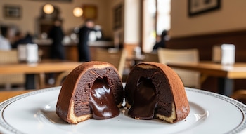 Un Tartufo di Pizzo de chocolate cortado por la mitad, con centro líquido, espolvoreado con cacao, en un plato blanco sobre una mesa de madera en una cafetería.