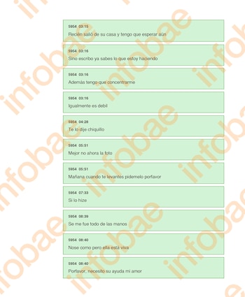 Captura de pantalla con cuadros verdes de diálogo que contienen mensajes de texto con marcas de hora en orden cronológico