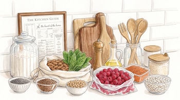Espinaca, almendras, frambuesas, lentejas, chía, lino, garbanzos, alubias, utensilios de madera, tablas de cortar, tarros, molinillo, guía de cocina.