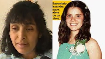 Una mujer con cabello oscuro y flequillo mira hacia abajo; a su derecha, una joven con cabello rizado y vestido verde, sonríe