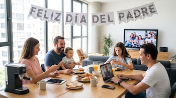 Una familia de cinco personas celebra el Día del Padre en casa con un desayuno festivo bajo un banner "Feliz Día del Padre", utilizando tecnología para conectar.