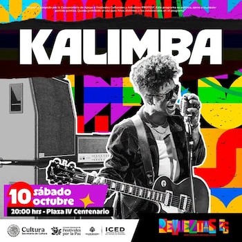 Cartel con la imagen en blanco y negro del cantante Kalimba con guitarra y micrófono, sobre un fondo de formas geométricas de colores