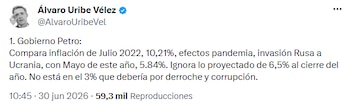 Álvaro Uribe Vélez criticó manejo de la inflación en el Gobierno Petro - crédito @AlvaroUribeVel/X