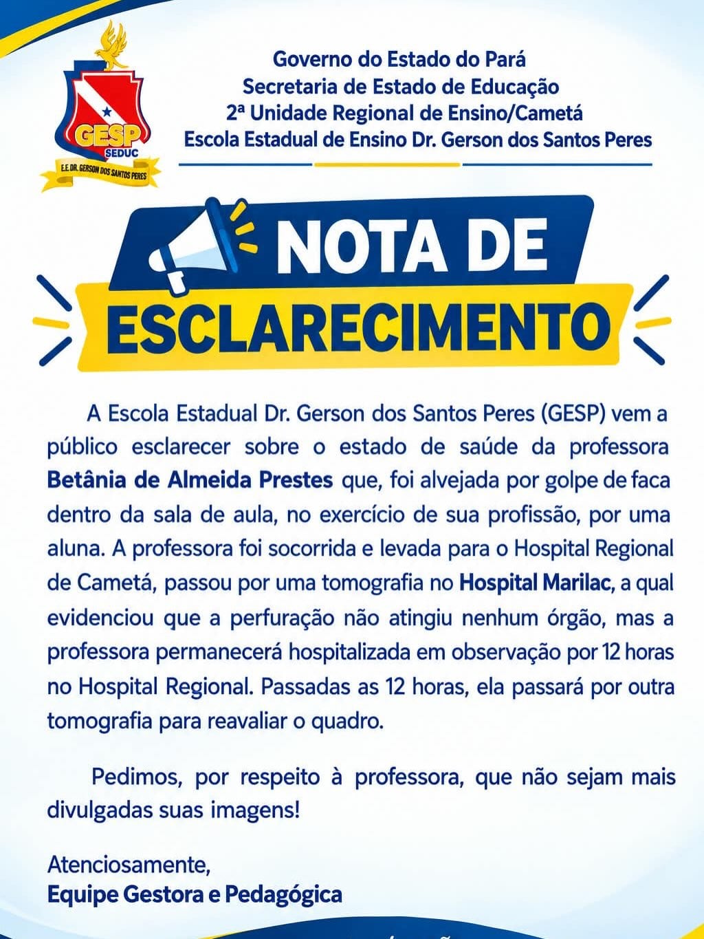 La escuela condenó la agresión y anunció un refuerzo de sus protocolos internos de seguridad (Escuela Estatal Dr. Gerson dos Santos Pérez)