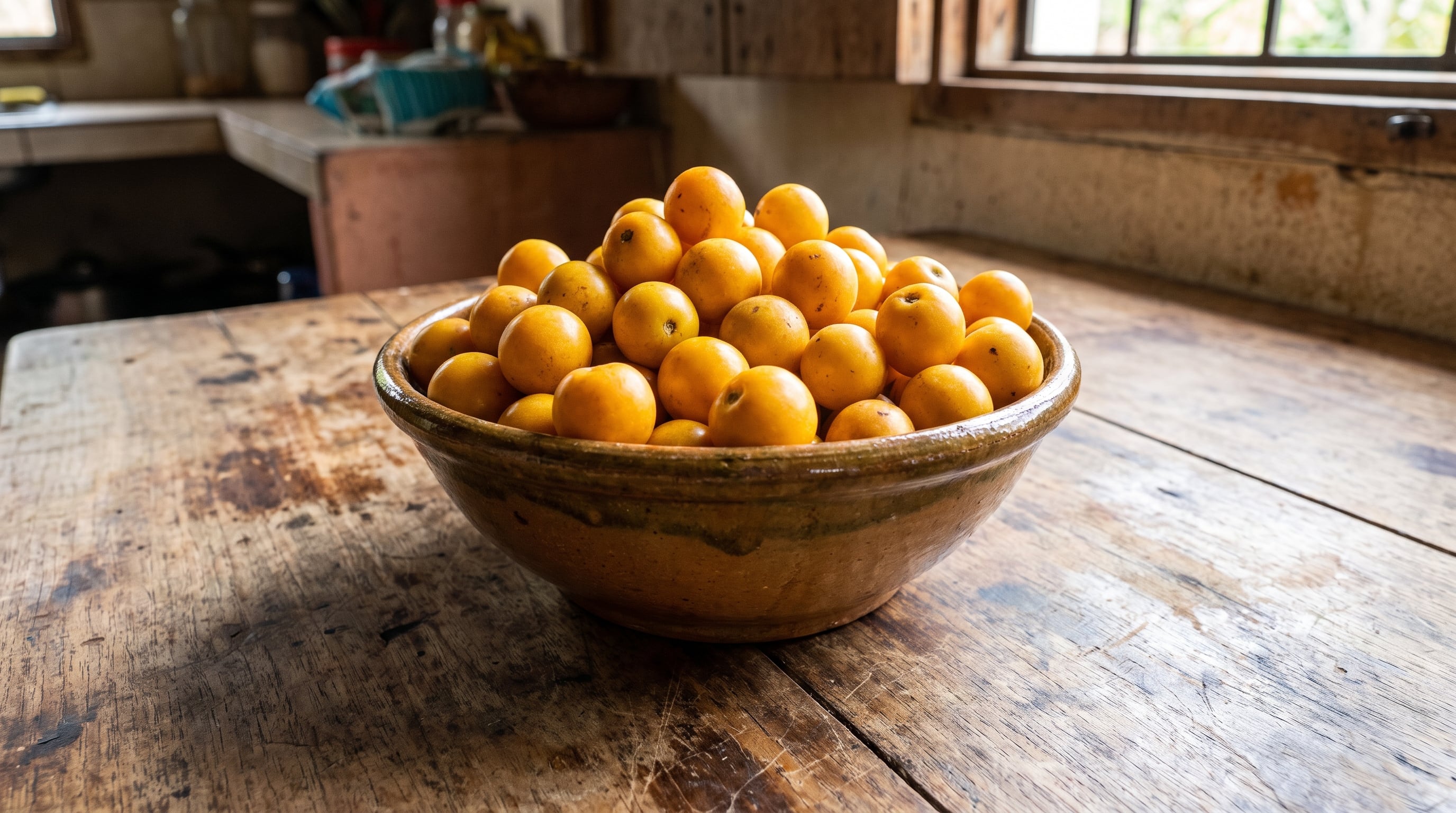 Un recipiente mediano de cerámica contiene frutos de nanche amarillos sobre una mesa de madera en un ambiente de cocina rural, con una ventana al fondo. (Imagen Ilustrativa Infobae)