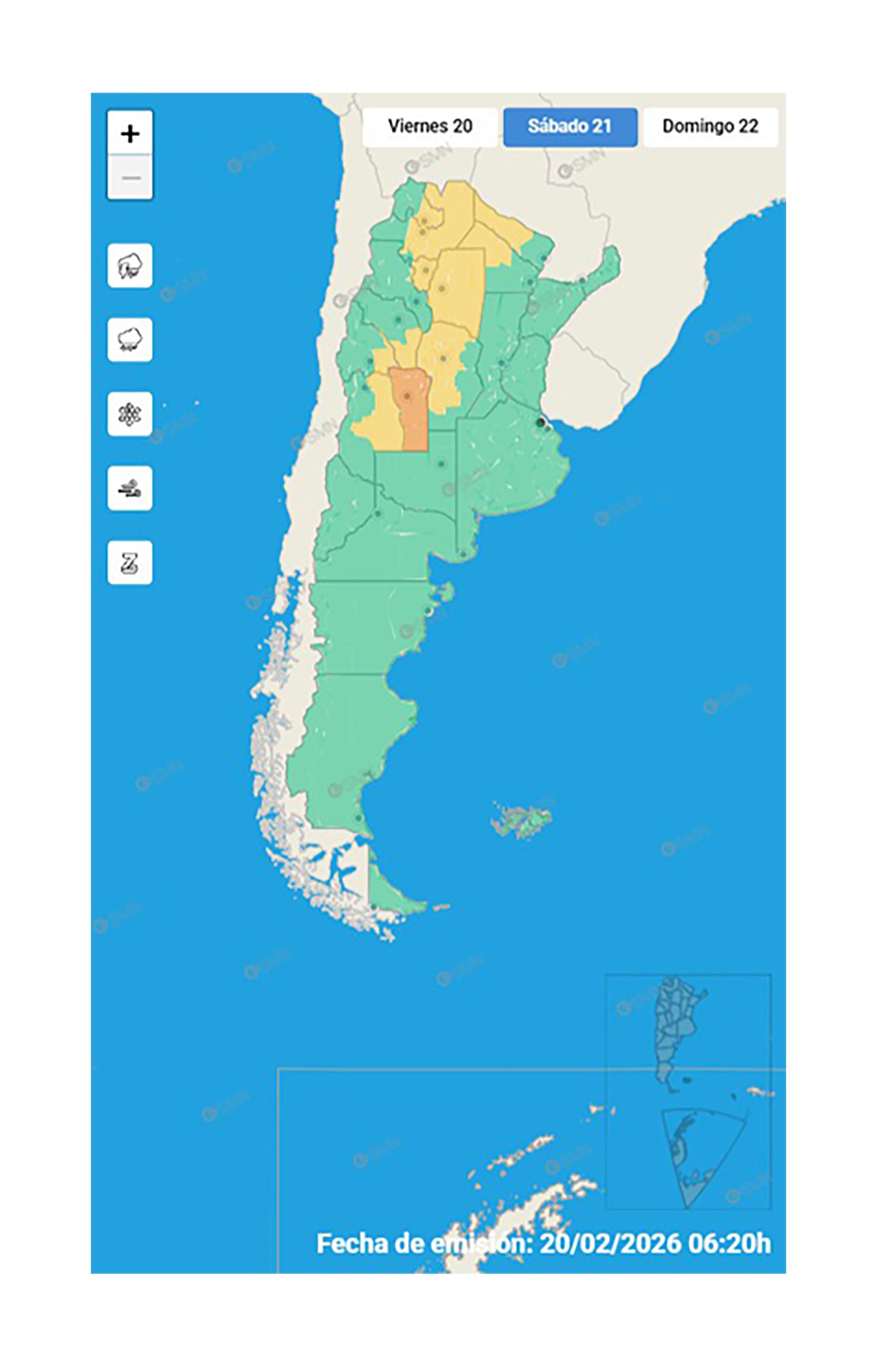 Mapa del pronóstico del tiempo en Argentina mostrando alertas meteorológicas por colores para el 20 de febrero de 2026, con zonas verdes, amarillas y naranjas indicando diferentes niveles de riesgo. (SMN)