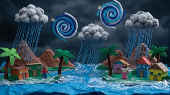 Escena stop motion de inundación: casas, palmeras, dos figuras, montañas, nubes de lluvia y dos espirales azules y blancas con los números 9 y 10.