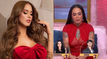 Mujer de cabello castaño, vestido rojo con lazo. Persona con cabello oscuro, vestido rojo, tatuajes. Dos recuadros con fotos de Ximena y Fede.