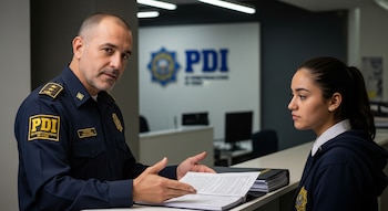 Hombre con uniforme de la PDI con papeles, hablando con una mujer joven vestida con sudadera y camisa blanca, en una oficina con el logo de la PDI al fondo.