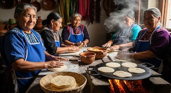 Cinco mujeres con canas, delantales y vestimenta tradicional elaboran tortillas en una cocina, con un comal al fuego, cuencos de barro y vapor.