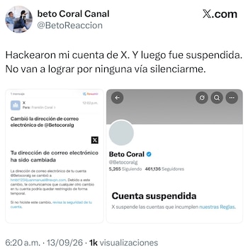 Beto Coral alertó por la suspensión de su cuenta con más de 461 mil seguidores en X - crédito @BetoReaccion/X