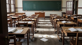 Vista de un aula de colegio vacía con filas de pupitres y sillas de madera, un pizarrón verde al frente, ventanas grandes y una puerta de madera.