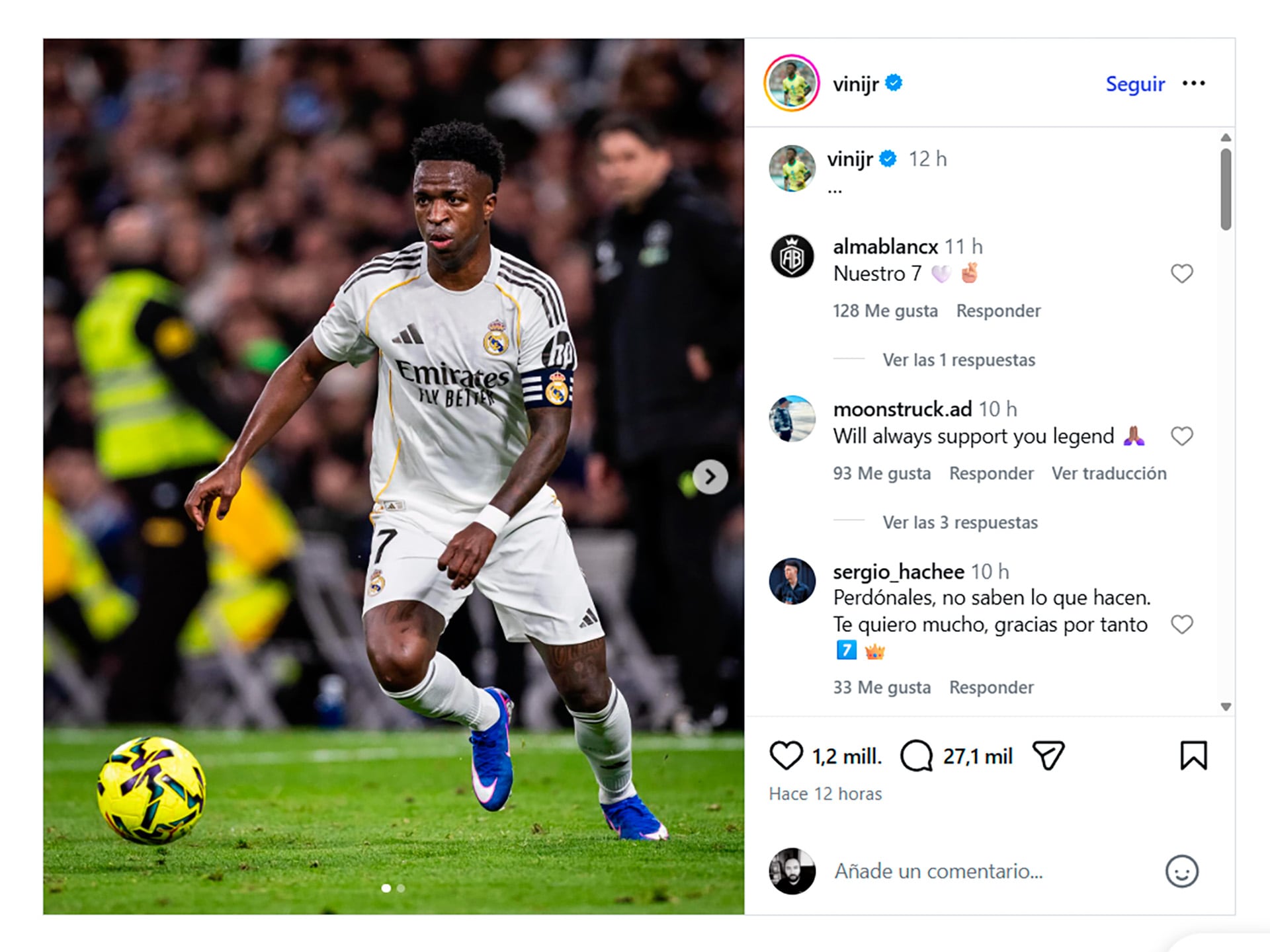 El brasileño subió unas fotos del partido contra Sevilla y sólo escribió puntos suspensivos