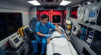 Interior de una ambulancia con un paramédico en uniforme azul examinando a un paciente en una camilla, rodeados de equipos médicos y bolsas de suero.