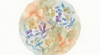Ilustración en acuarela de diversas bacterias. Se ven formas redondas, alargadas y curvadas en tonos azules, morados y ocres sobre un fondo difuminado de colores suaves.