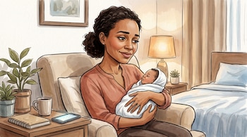 Caricatura de Morgan Radford, una mujer afroamericana, sosteniendo a su bebé envuelto en una manta blanca en un dormitorio con una mesita de noche con una libreta y un teléfono.