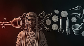 Ilustración de figura humana de época con sanguijuelas que se extienden y transforman en monedas y diversas herramientas médicas antiguas. Fondo oscuro.