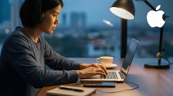 Una mujer sentada de perfil, usando auriculares y una laptop con el logo de Apple en la esquina superior derecha. Un café, un móvil y una libreta están en el escritorio.