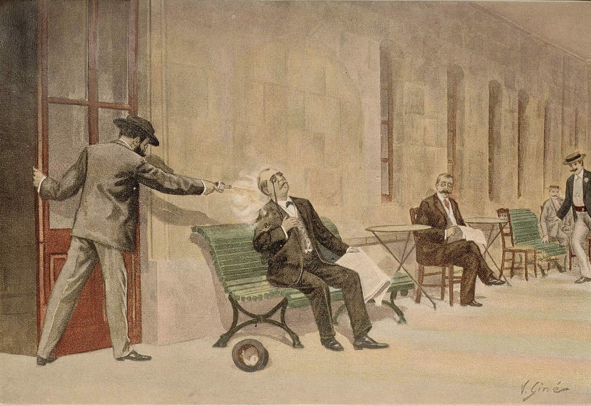 Ilustración del asesinato de Cánovas en un libro de Francisco Pi y Margall.