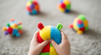 Manos de un niño sujetan un juguete de peluche multicolor. Cuatro juguetes similares desenfocados se ven sobre una alfombra gris.