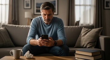Un hombre de mediana edad con barba gris, vestido de azul y jeans, sentado en un sofá gris, mirando su smartphone. Hay una taza, papel arrugado y libros en la mesa.
