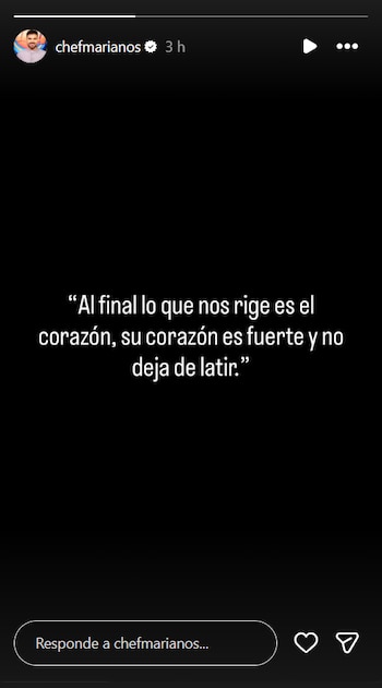 Captura de pantalla de una historia de Instagram de Mariano Sandoval con fondo negro y texto blanco sobre la fortaleza del corazón