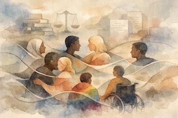Acuarela de figuras humanas diversas, una en silla de ruedas, una con velo y otra con colores LGBTIQ+. Líneas curvas, libros, documentos y balanza de justicia de fondo.