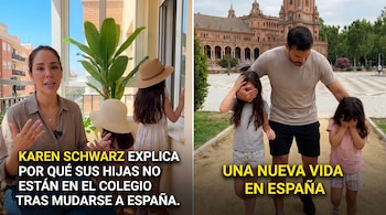 Díptico. A la izquierda, Karen Schwarz hablando, con dos niñas de espaldas o con la cara cubierta. A la derecha, un hombre con dos niñas que cubren sus caras en una plaza.