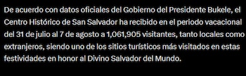 El Centro Histórico de San Salvador recibió 1,061,905 visitantes entre el 31 de julio y el 7 de agosto, según datos oficiales (Cortesía: Secretaría de Prensa).
