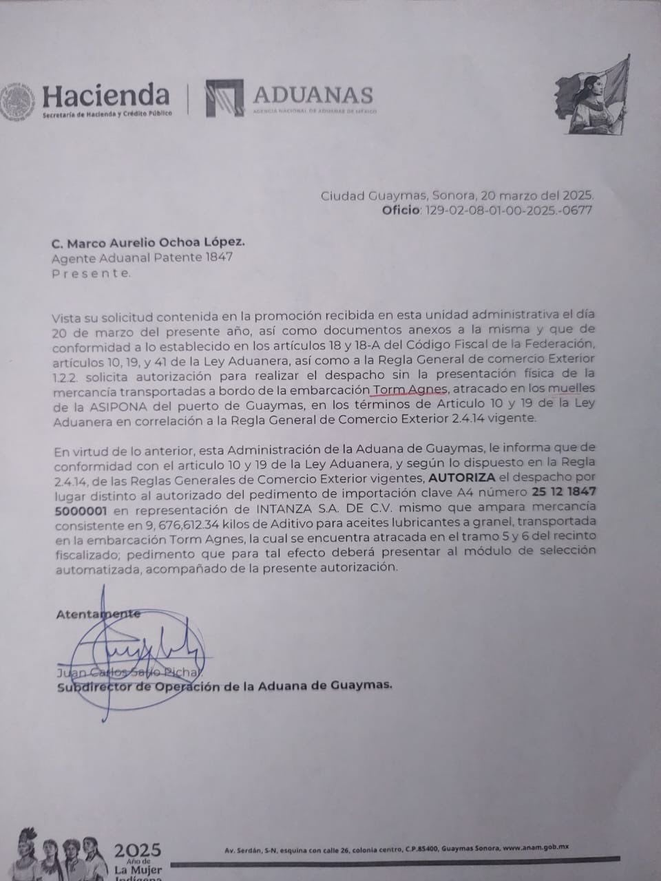 Este documento confirma que el pasado 20 de marzo, el subdirector de Aduanas de Guaymas autorizó la importación de más de 9 millones de kilos en supuestos “Aditivos y lubricantes a granel” de la embarcación Torm Agnes.(@michelleriveraa)