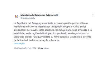 Paraguay expresó su apoyo a Taiwán tuit