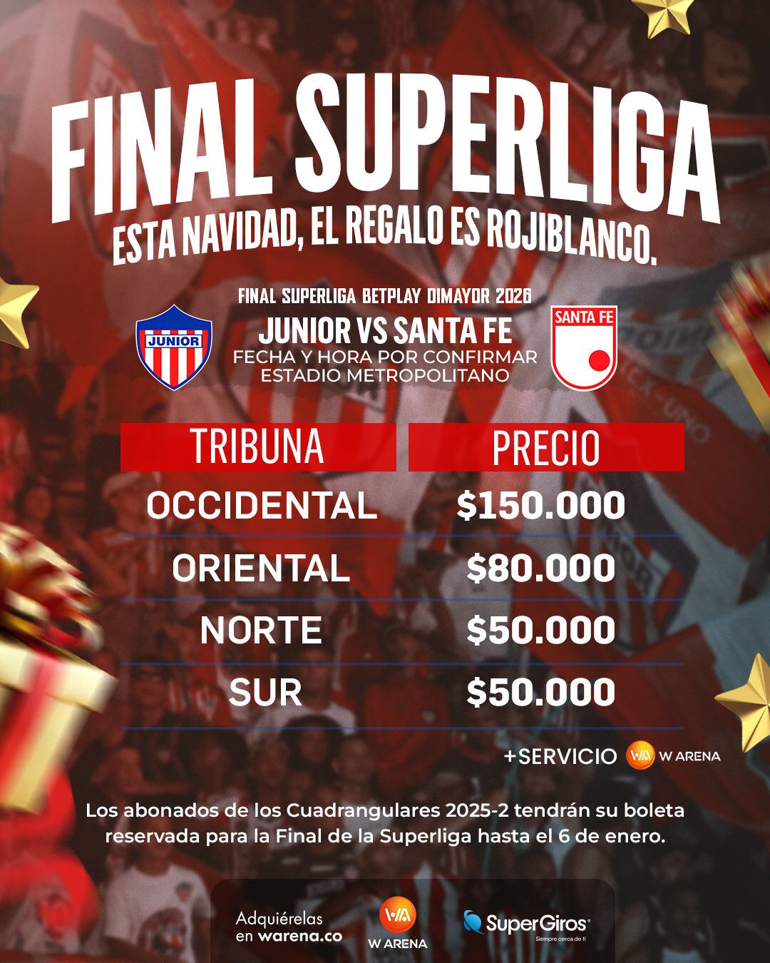 Estos son los precios para la ida de la Superliga entre Junior y Santa Fe, en el estadio Metropolitano de Barranquilla - crédito Junior FC