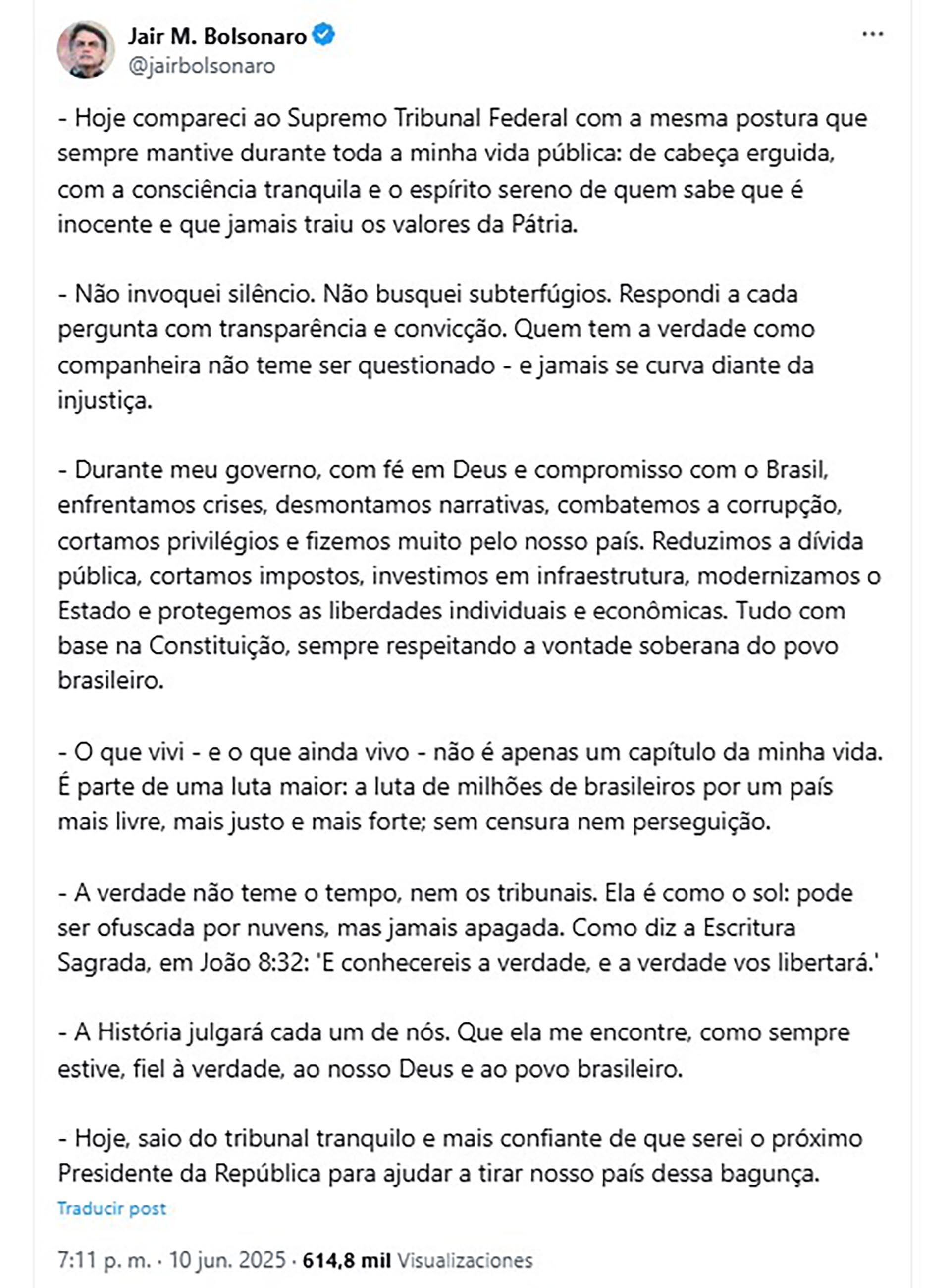 El mensaje de Bolsonaro tras su declaración ante el Supremo