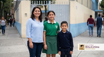 Madre mexicana sonriente con dos hijos en uniformes escolares frente a una escuela en Ciudad de México. Niña de secundaria, niño de primaria. Logo 'Beca Rita Cetina'.