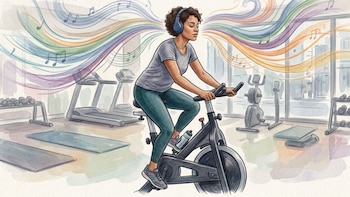 Ilustración de una mujer en bicicleta fija con auriculares en un gimnasio. Ondas musicales coloridas rodean su cabeza