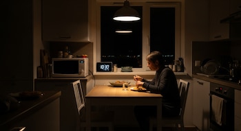 Persona adulta sentada sola en una mesa de cocina, cenando de noche bajo luz artificial, reloj marca 22:30.