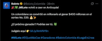 MiLoto confirma su alta tasa de ganadores, repartiendo más de $499 millones en premios y beneficiando a 14.605 jugadores en el sorteo más reciente - crédito @Baloto_Colombia/X