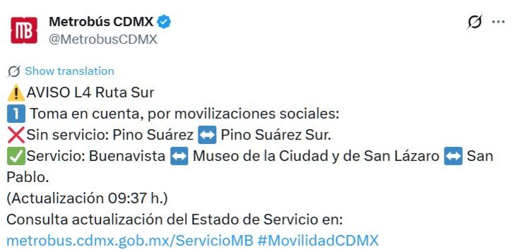 Avance en tiempo real de las diversas líneas de la red de transporte público capitalino. (TW MB CDMX)