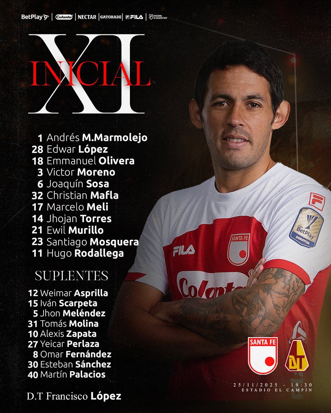 Los 11 jugadores titulares con los que Santa Fe se enfrentará al Tolima en El Campín - crédito Santa Fe