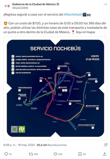 Mapa del servicio Nochebús en la Ciudad de México con seis rutas identificadas por colores y sus paradas, indicando un costo de siete pesos