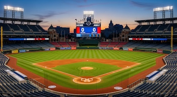 Vista aérea de un estadio de béisbol vacío al atardecer, con luces encendidas, campo verde y graderías azules y rojas bajo un cielo con tonos anaranjados.