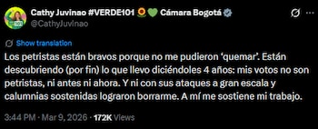 Cathy Juvinao afirmó que los