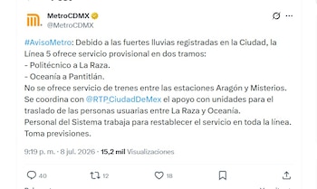 Lluvias provocan cierre de estaciones en la Línea 5 (X/ @MetroCDMX)